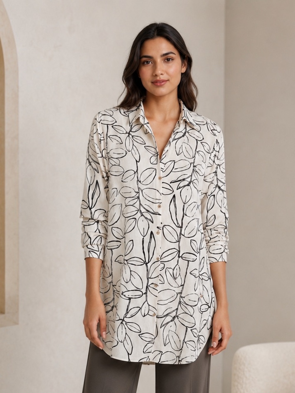 Linen blouse button down top shirt tunic white black long sleeve printed Cynthia
